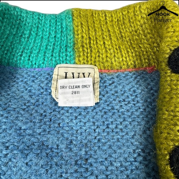 VTG 90s IVY Mohair Blend Colorblock Knit Sweater L Blue Pink Cozy Artsy Bold Y2K - Picture 3 of 8